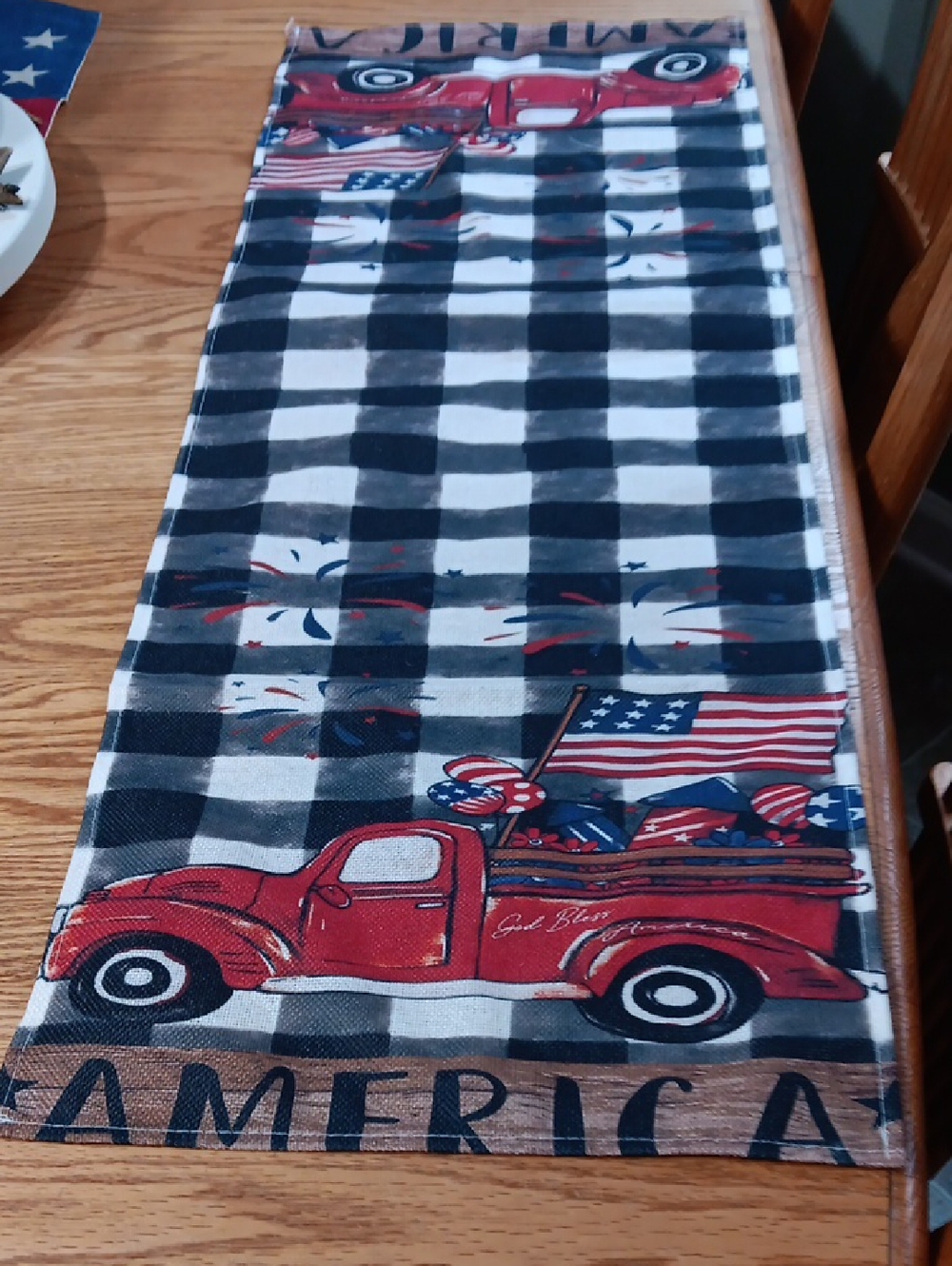 Patriotic Red Truck Buffalo Check Table Runner